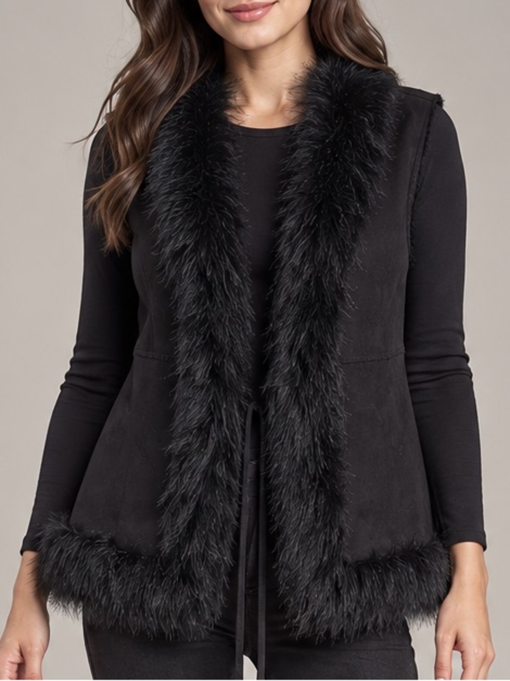 ING Black Faux-Fur Trim Vest - Women's